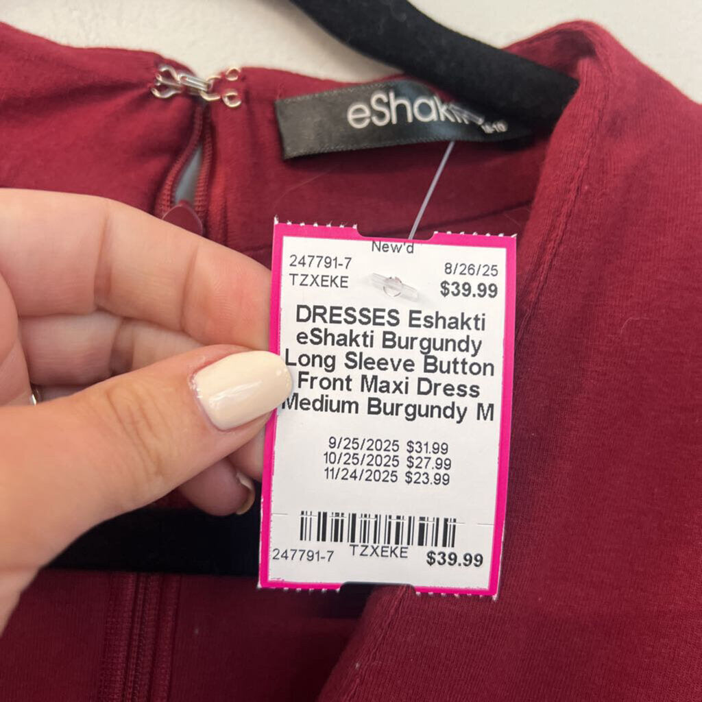 eShakti Burgundy Long Sleeve Button Front Maxi Dress Medium