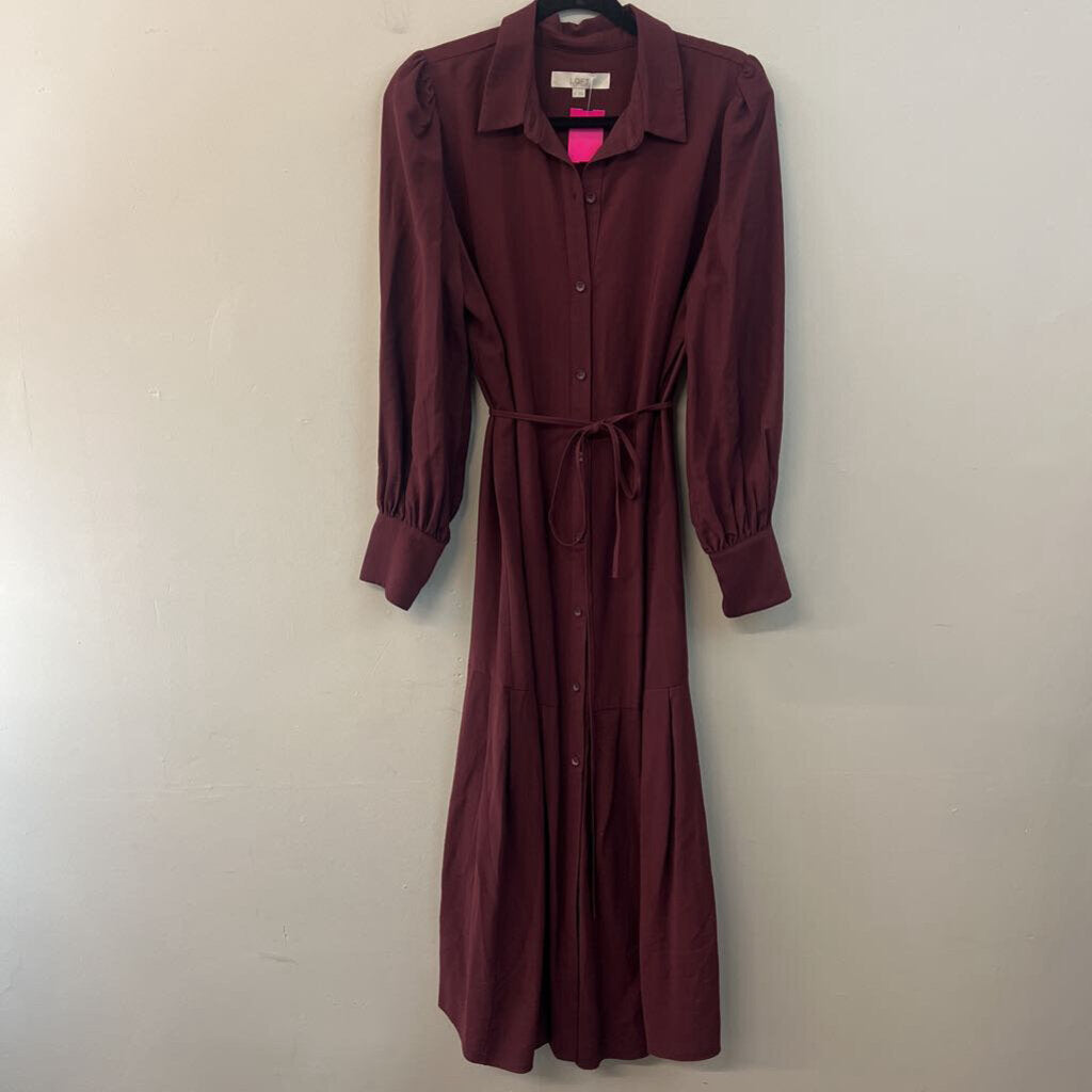 Loft Burgundy Long Sleeve Button Front Maxi Dress 10