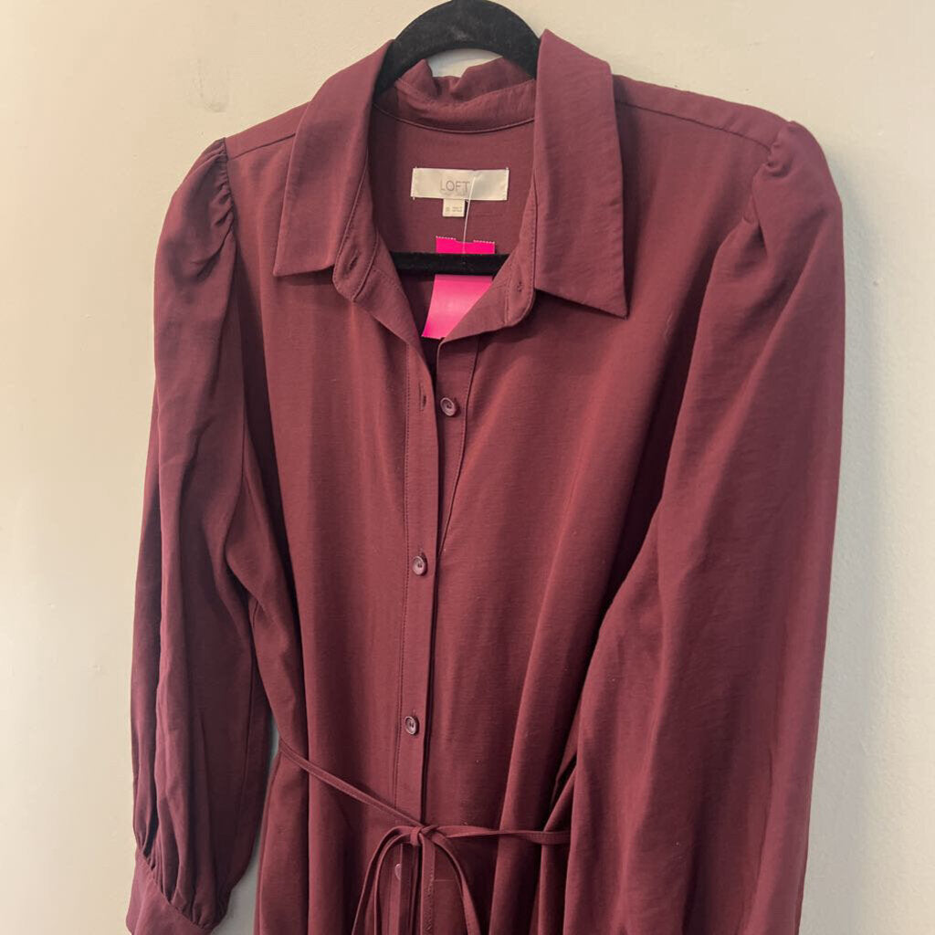 Loft Burgundy Long Sleeve Button Front Maxi Dress 10