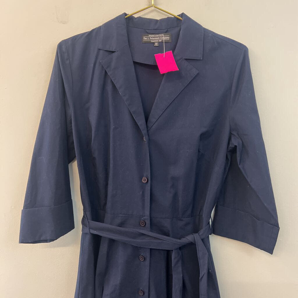 J Peterman Navy Long Sleeve Belt Waist Button Down Midi Dress 10