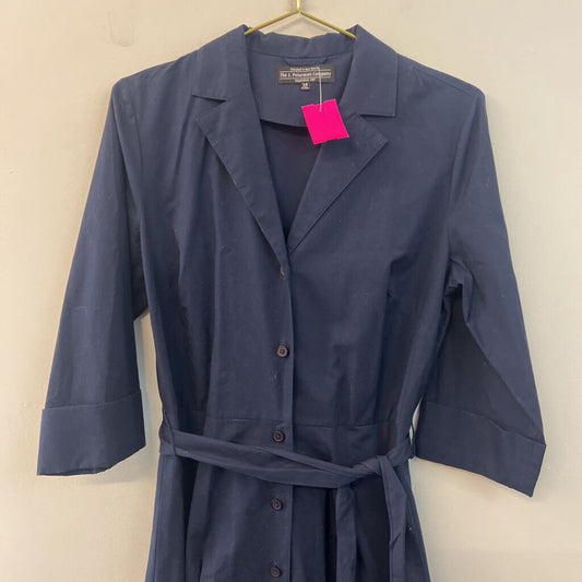 J Peterman Navy Long Sleeve Belt Waist Button Down Midi Dress 10