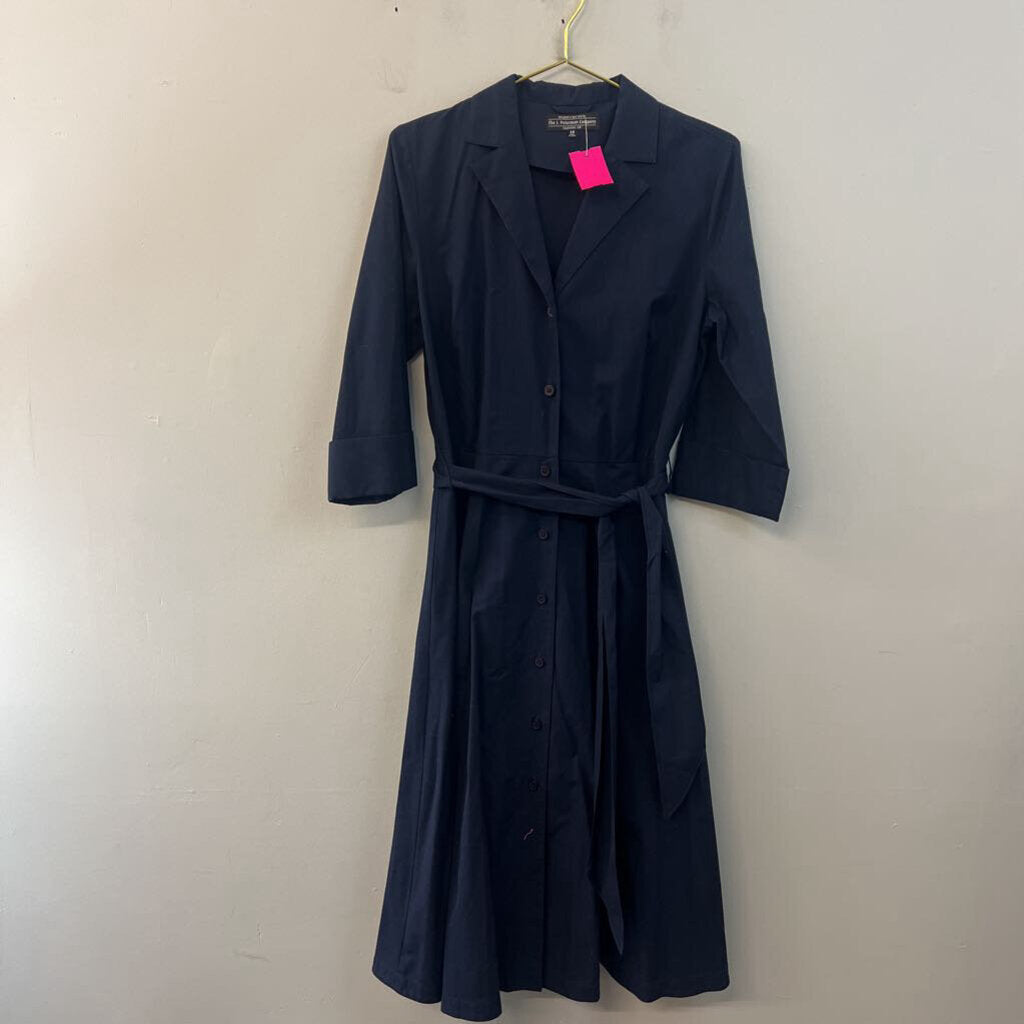 J Peterman Navy Long Sleeve Belt Waist Button Down Midi Dress 10