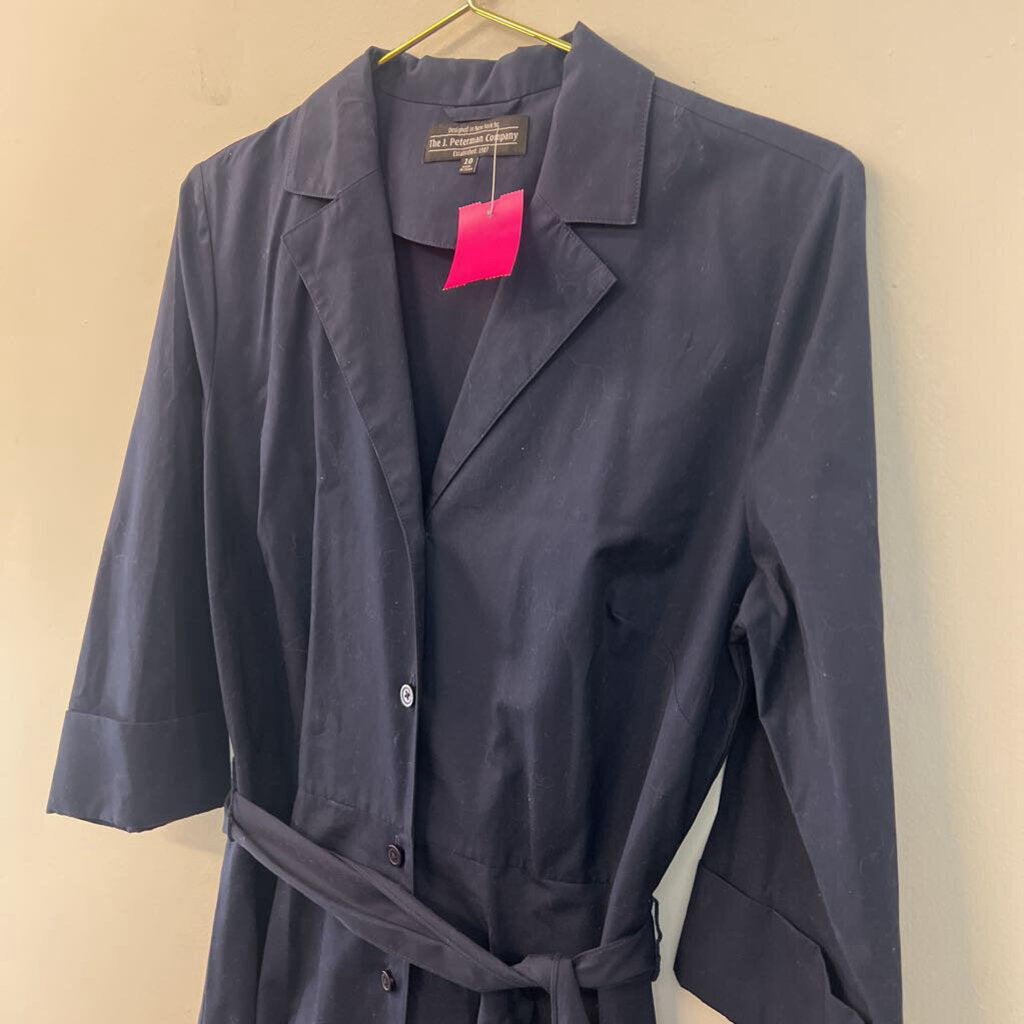 J Peterman Navy Long Sleeve Belt Waist Button Down Midi Dress 10