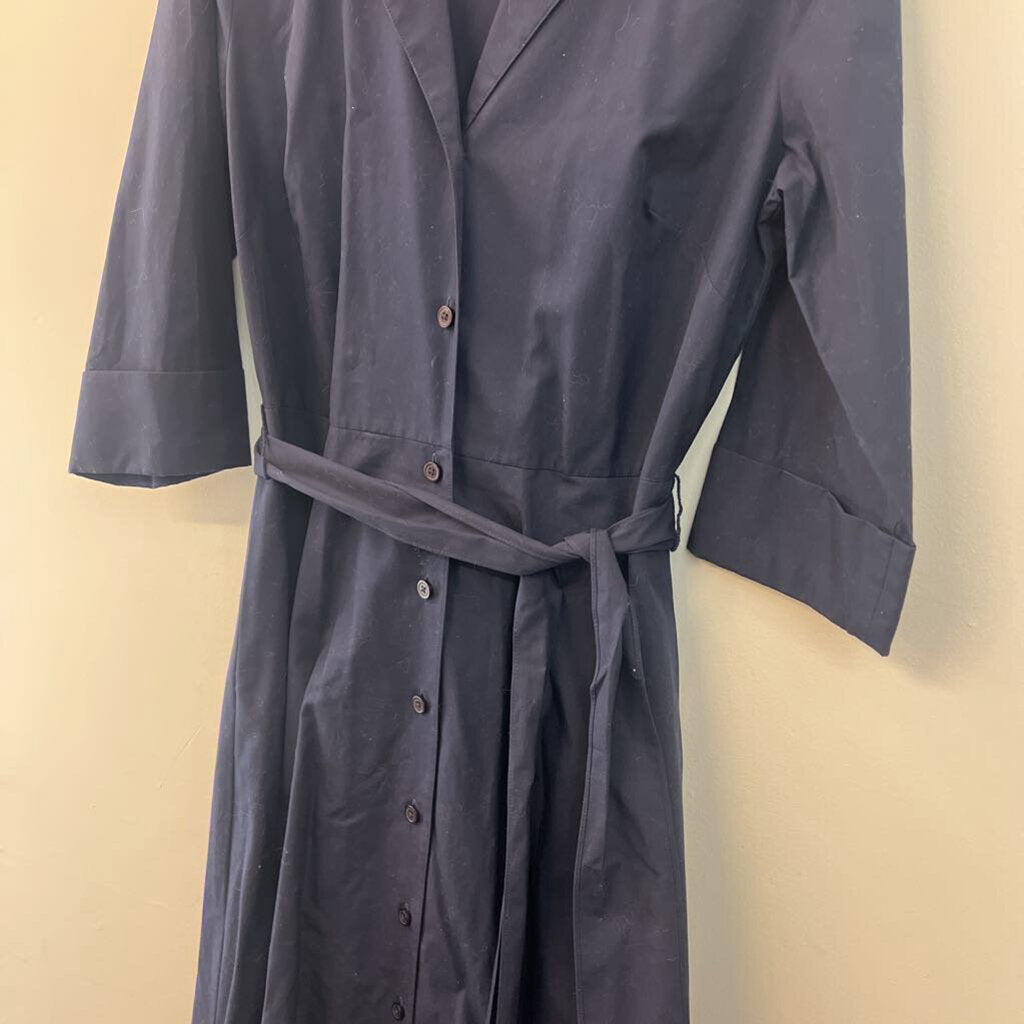 J Peterman Navy Long Sleeve Belt Waist Button Down Midi Dress 10