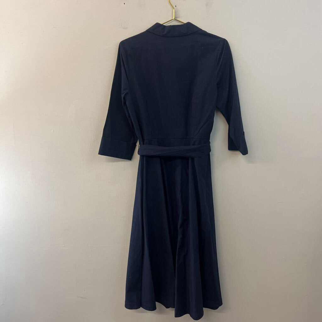 J Peterman Navy Long Sleeve Belt Waist Button Down Midi Dress 10