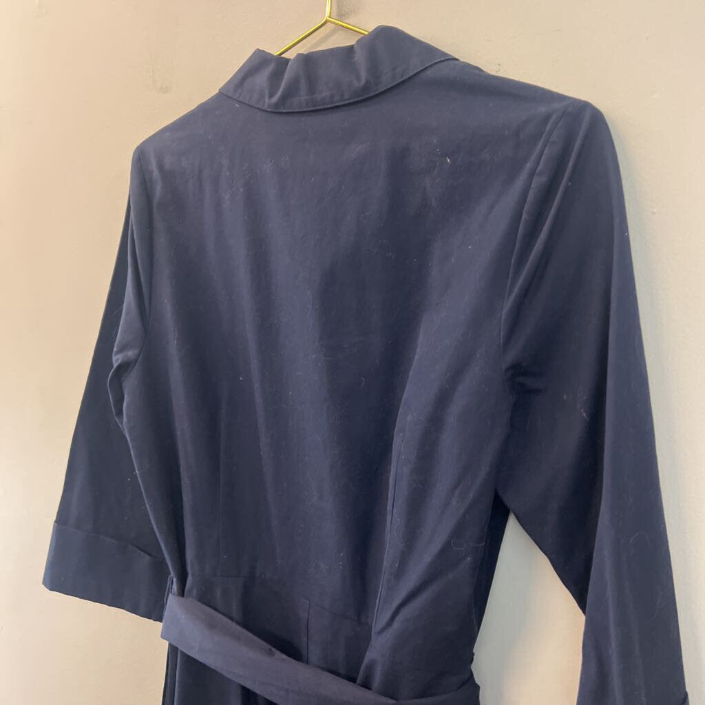J Peterman Navy Long Sleeve Belt Waist Button Down Midi Dress 10