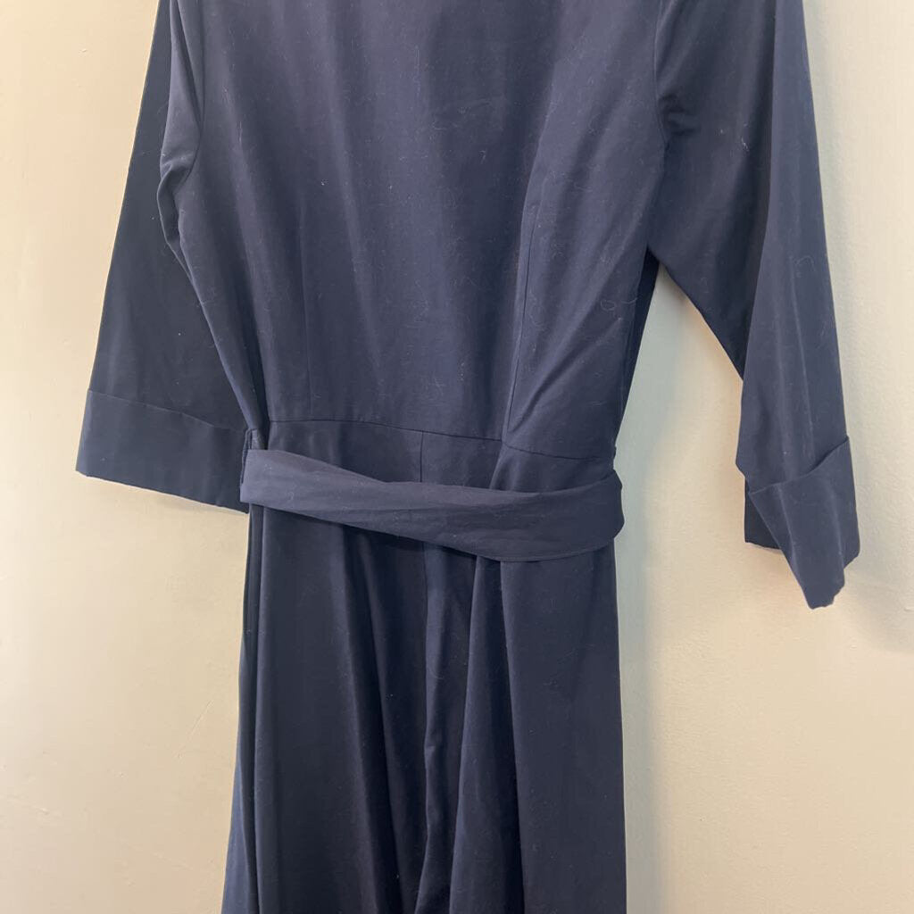 J Peterman Navy Long Sleeve Belt Waist Button Down Midi Dress 10