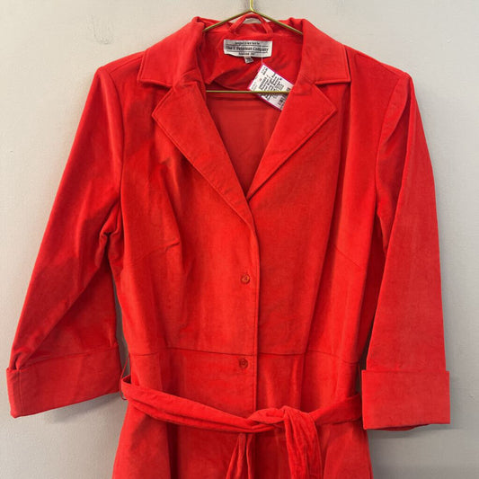 J Peterman Bright Red Soft Long Sleeve Belt Waist Button Down Midi Dress 10