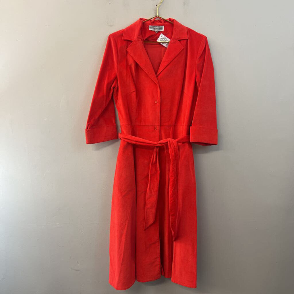 J Peterman Bright Red Soft Long Sleeve Belt Waist Button Down Midi Dress 10