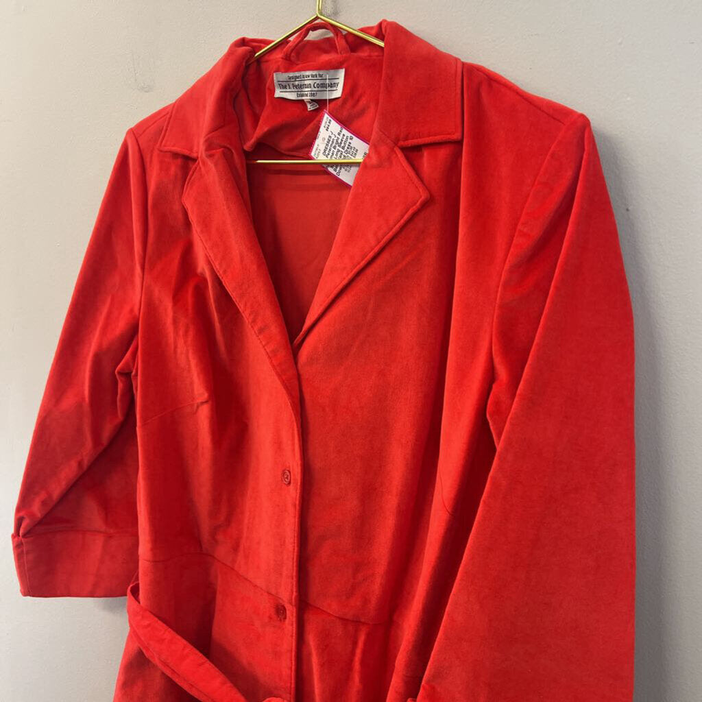 J Peterman Bright Red Soft Long Sleeve Belt Waist Button Down Midi Dress 10