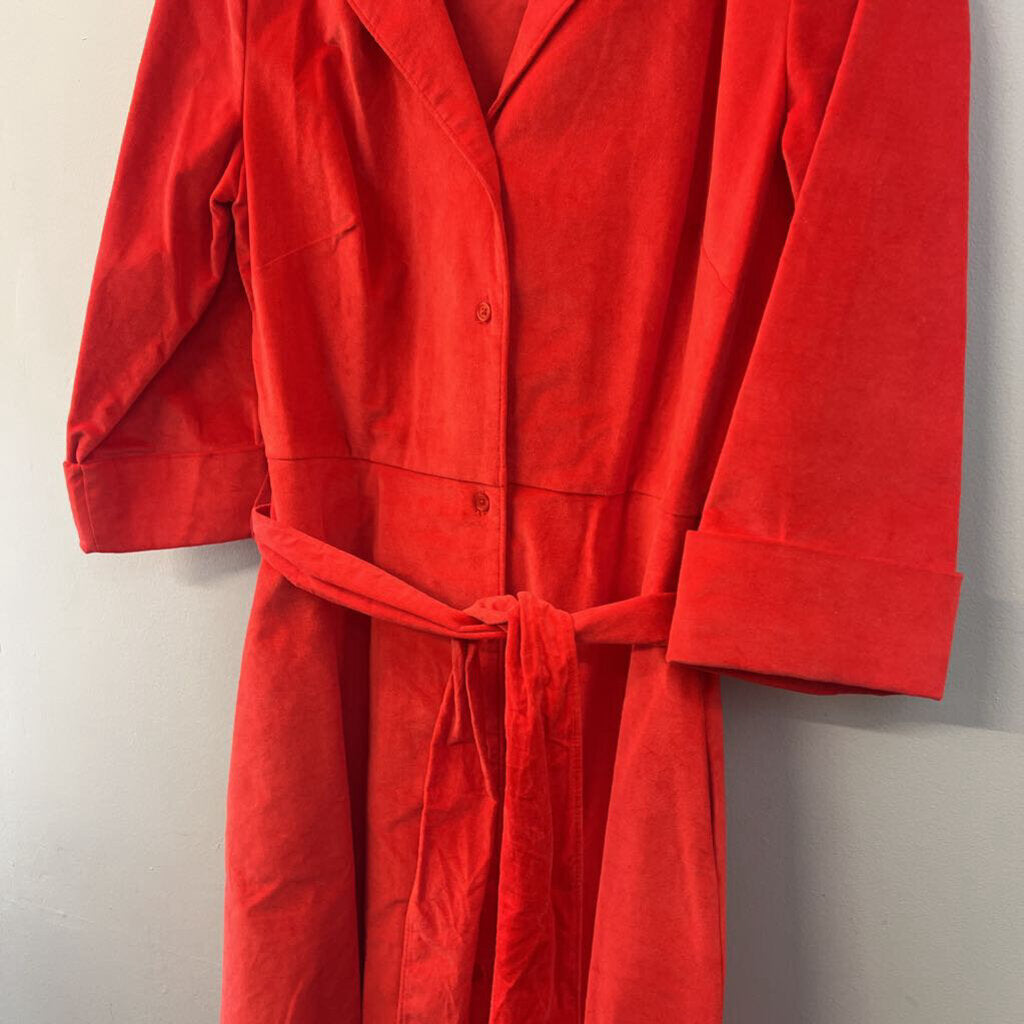 J Peterman Bright Red Soft Long Sleeve Belt Waist Button Down Midi Dress 10