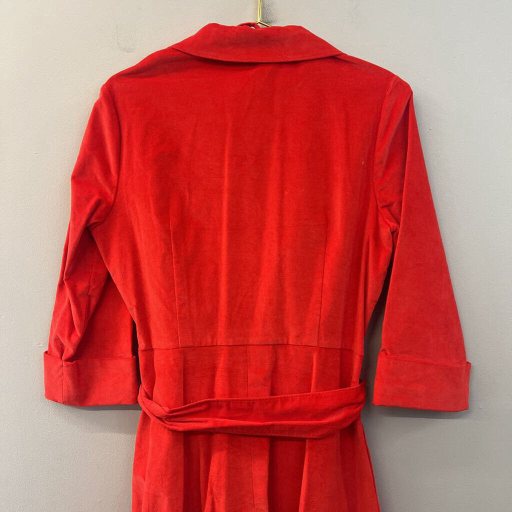 J Peterman Bright Red Soft Long Sleeve Belt Waist Button Down Midi Dress 10