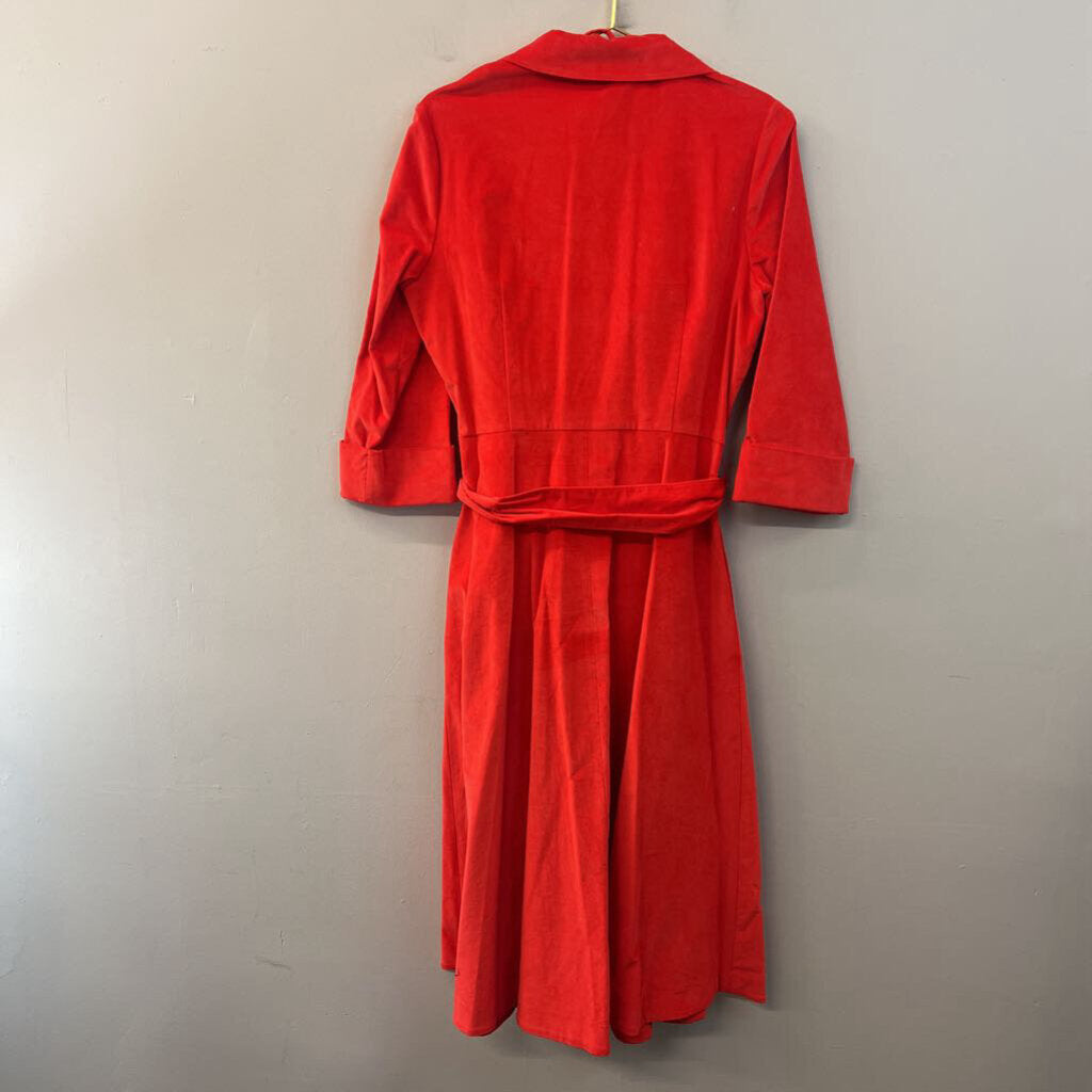 J Peterman Bright Red Soft Long Sleeve Belt Waist Button Down Midi Dress 10