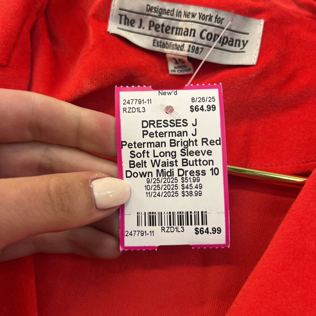 J Peterman Bright Red Soft Long Sleeve Belt Waist Button Down Midi Dress 10