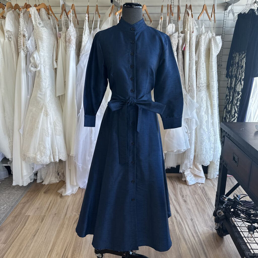 eShakti Navy Textured Long Sleeve Button Down Maxi Dress Large