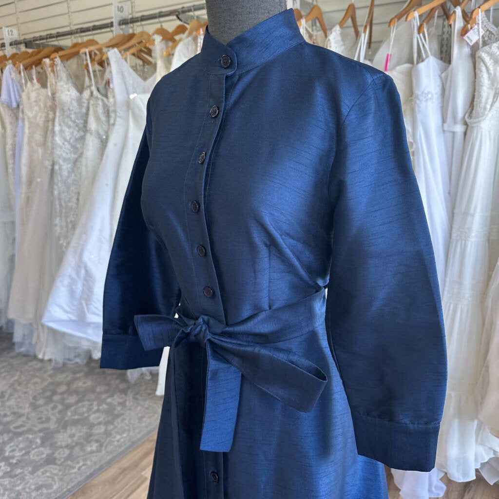 eShakti Navy Textured Long Sleeve Button Down Maxi Dress Large