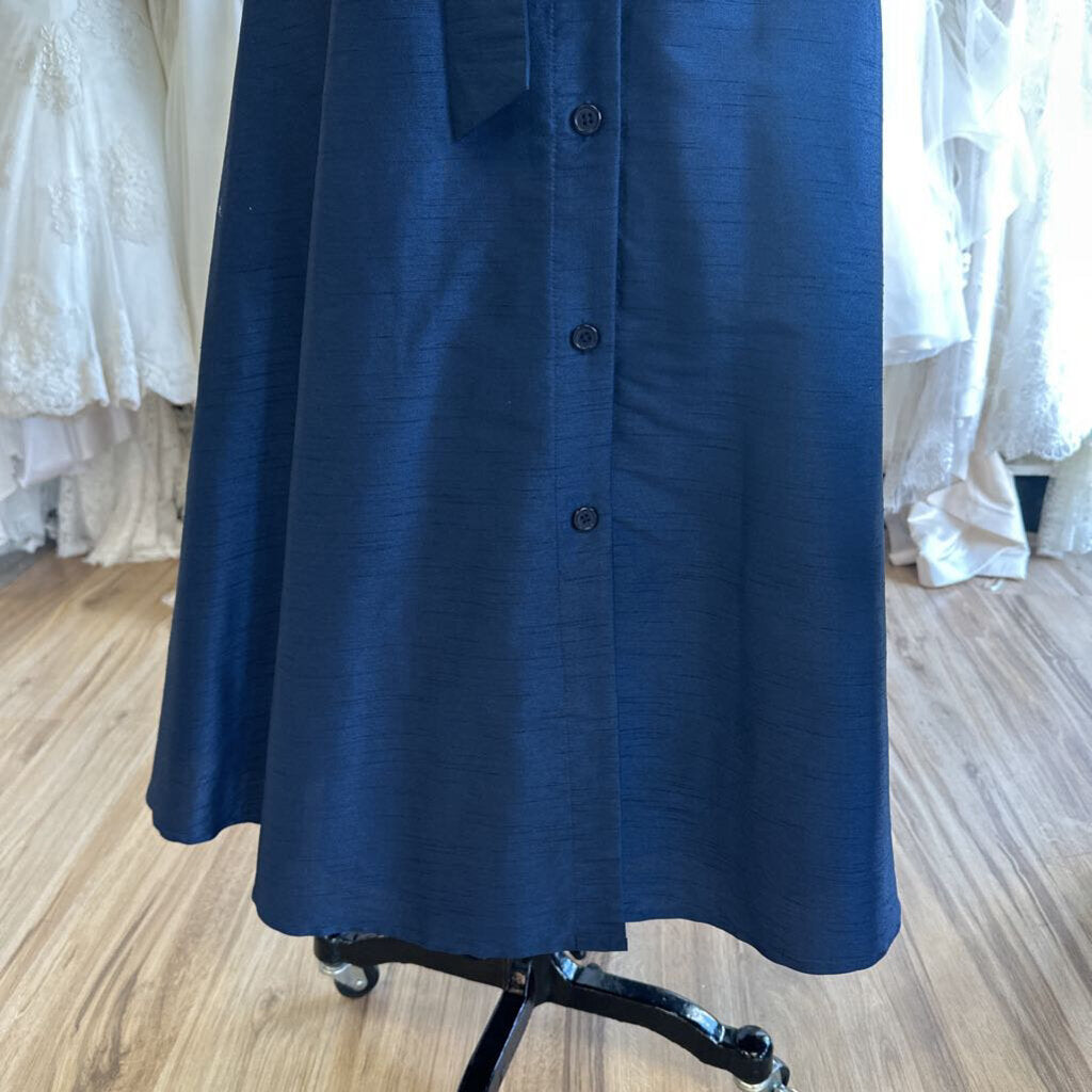 eShakti Navy Textured Long Sleeve Button Down Maxi Dress Large