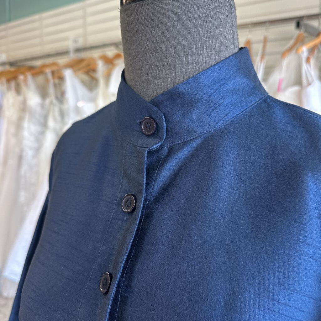 eShakti Navy Textured Long Sleeve Button Down Maxi Dress Large