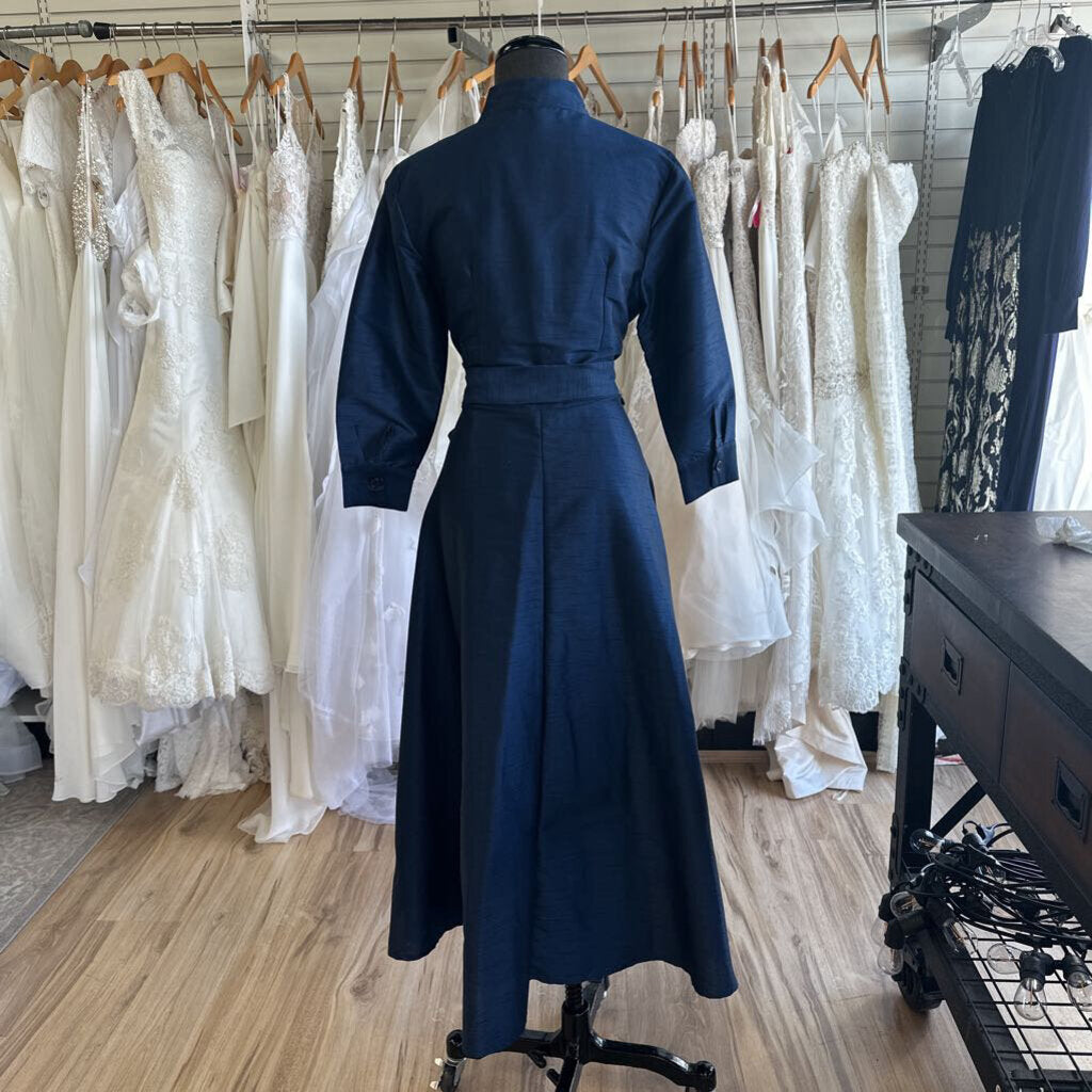 eShakti Navy Textured Long Sleeve Button Down Maxi Dress Large