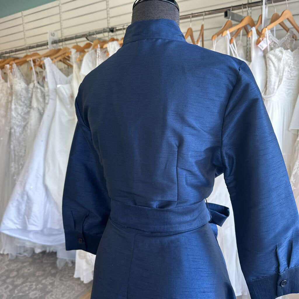 eShakti Navy Textured Long Sleeve Button Down Maxi Dress Large