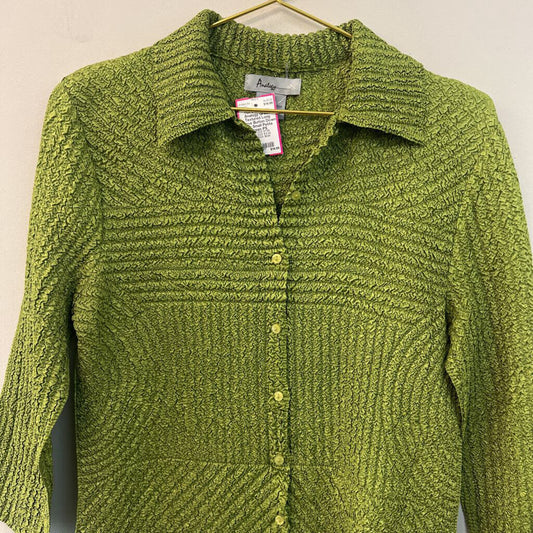 Analogy Green Textured Long Sleeve Button Down Top Small Petite