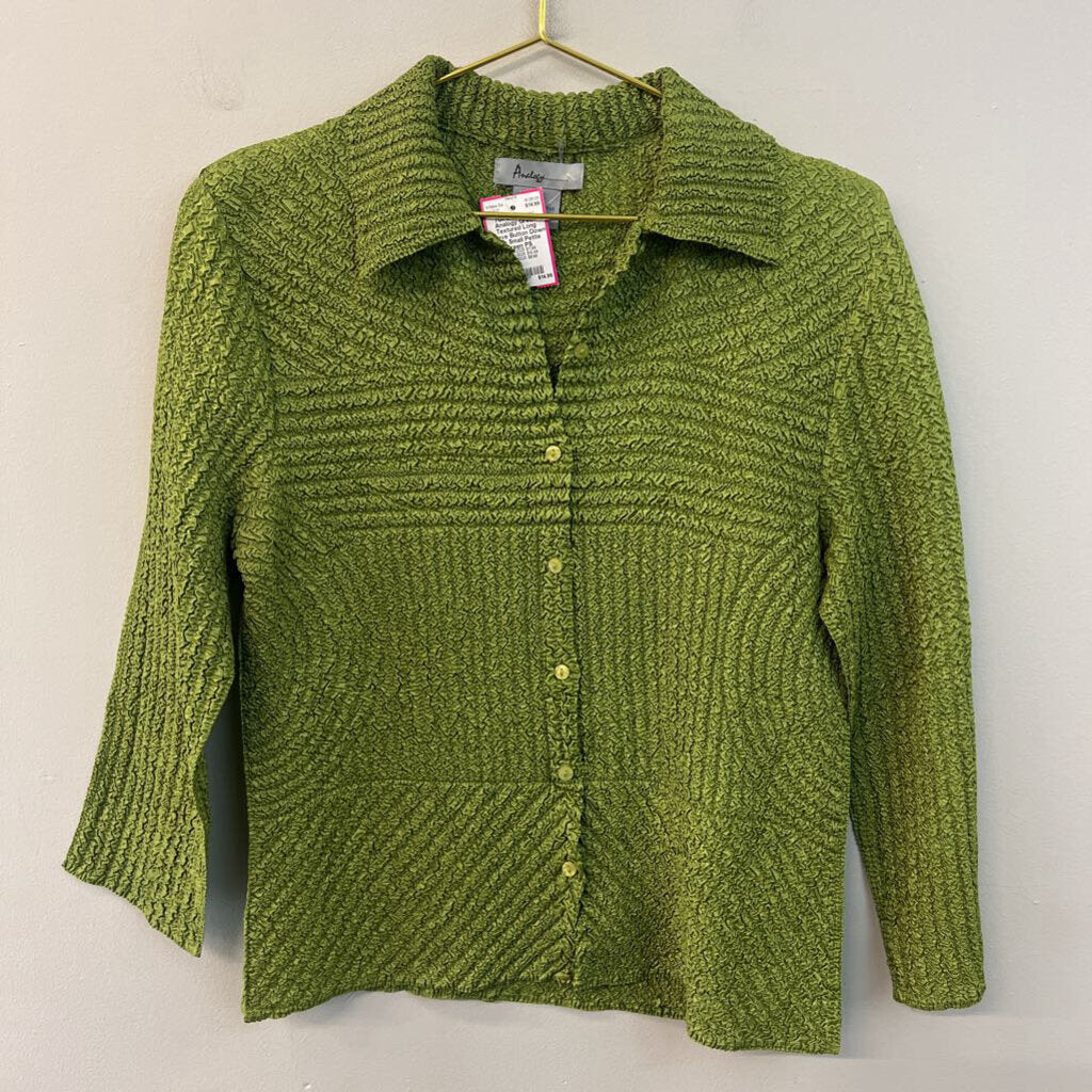 Analogy Green Textured Long Sleeve Button Down Top Small Petite