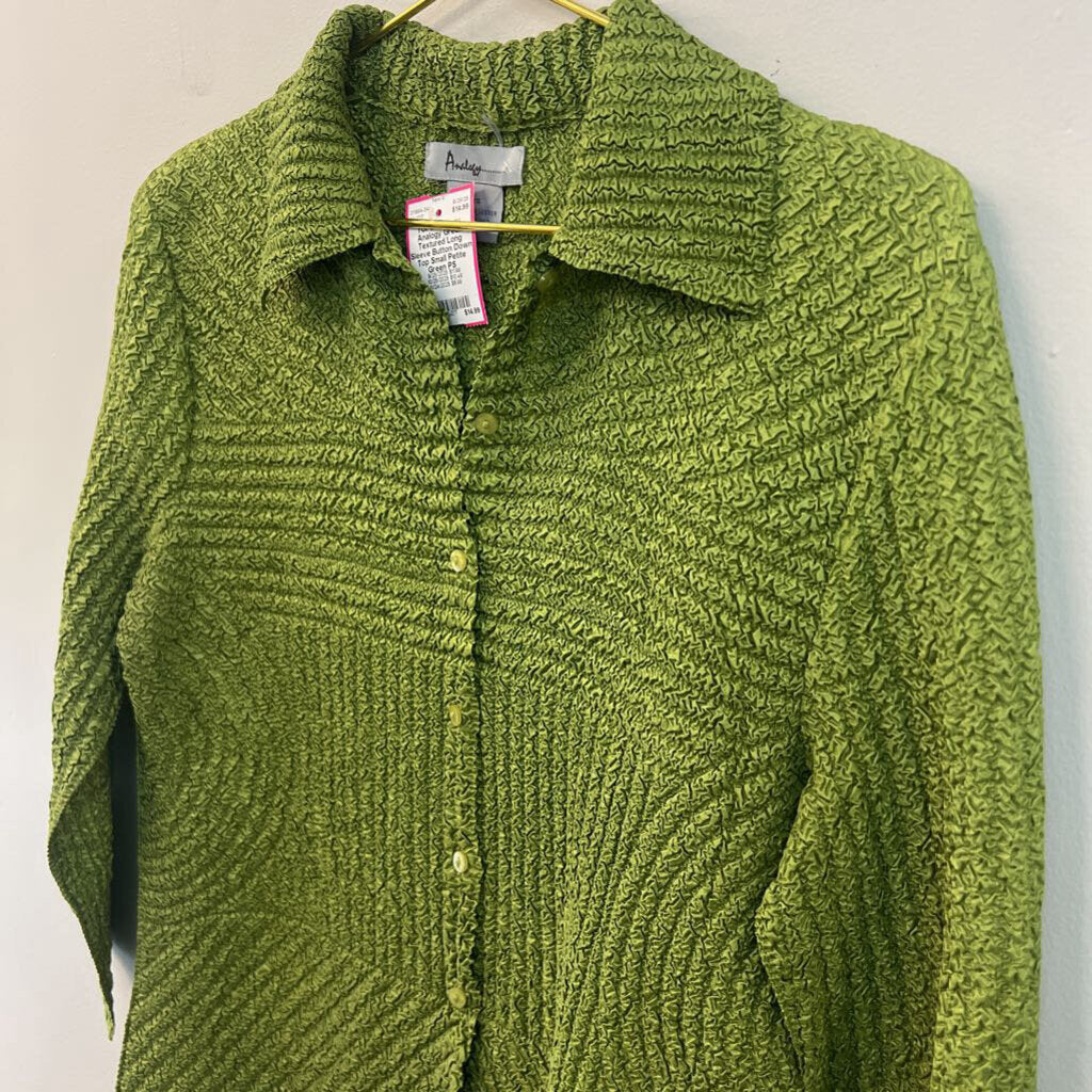 Analogy Green Textured Long Sleeve Button Down Top Small Petite