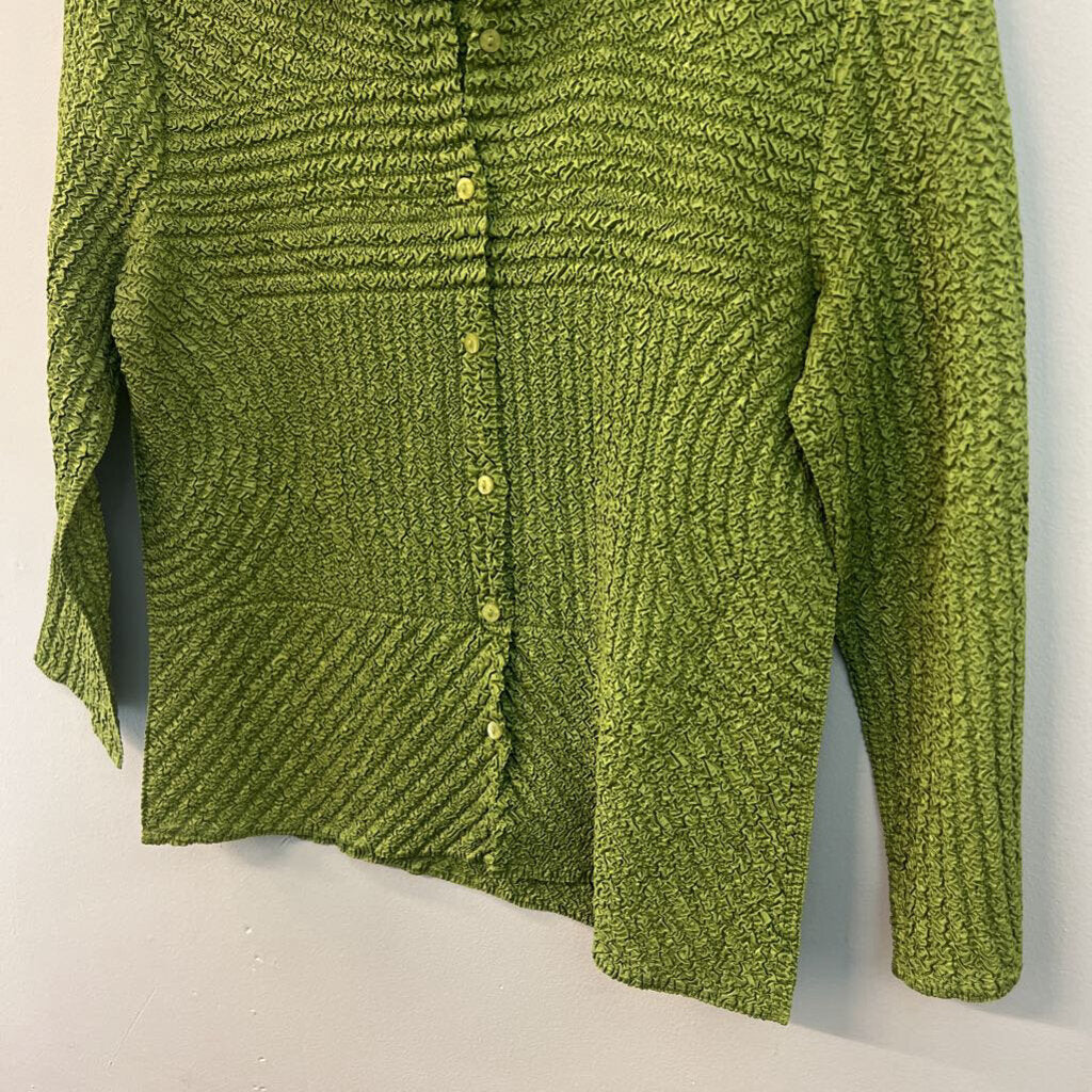 Analogy Green Textured Long Sleeve Button Down Top Small Petite