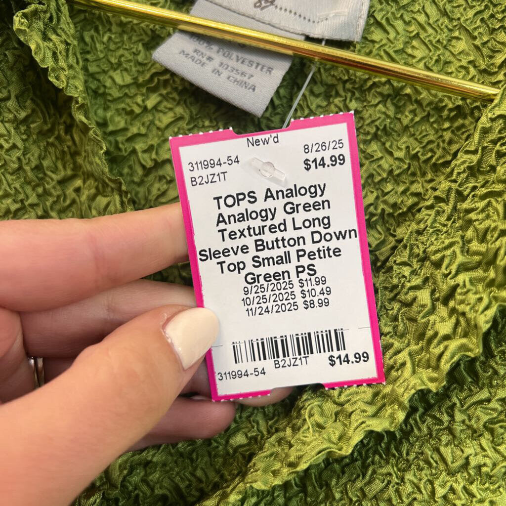 Analogy Green Textured Long Sleeve Button Down Top Small Petite