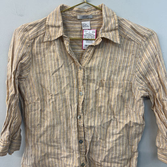 Edward Beige/ Multi 100% Linen Striped Long Sleeve Button Down Top Small