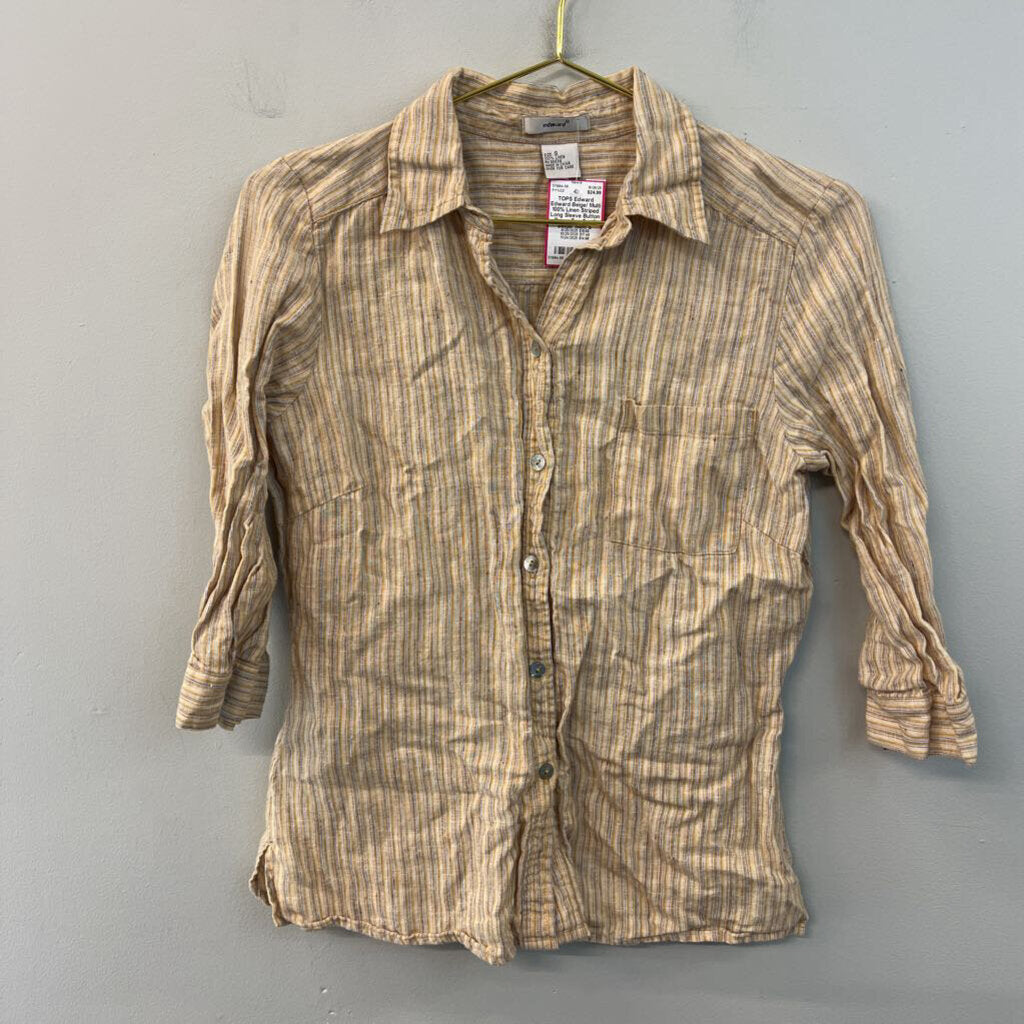 Edward Beige/ Multi 100% Linen Striped Long Sleeve Button Down Top Small