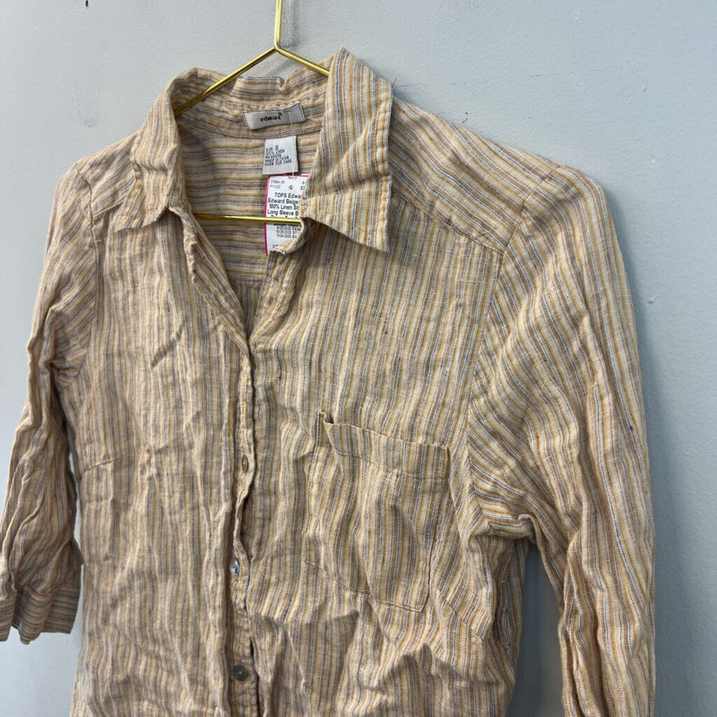 Edward Beige/ Multi 100% Linen Striped Long Sleeve Button Down Top Small