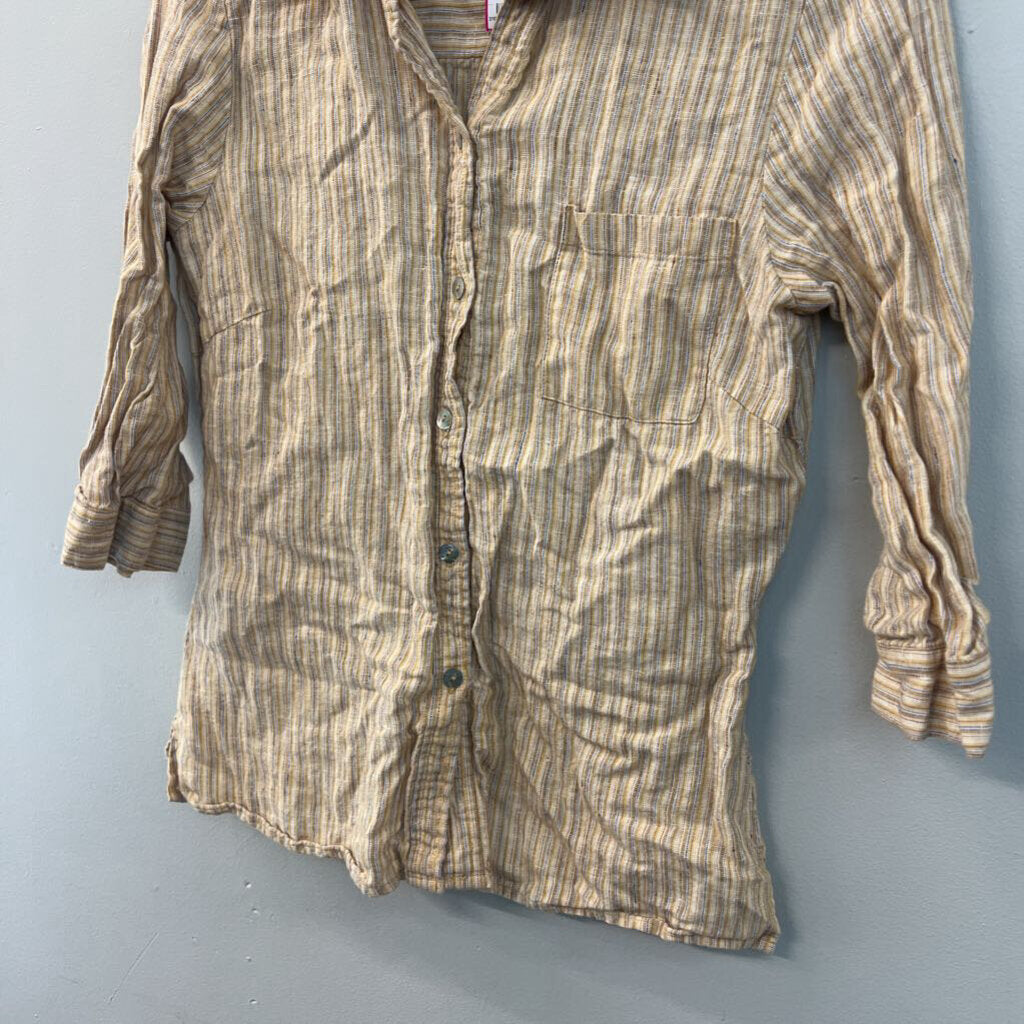 Edward Beige/ Multi 100% Linen Striped Long Sleeve Button Down Top Small