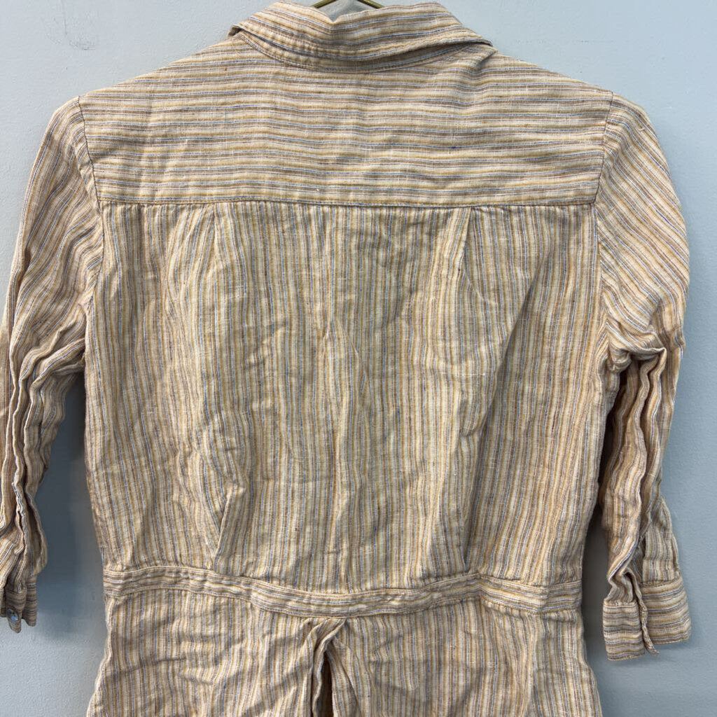 Edward Beige/ Multi 100% Linen Striped Long Sleeve Button Down Top Small