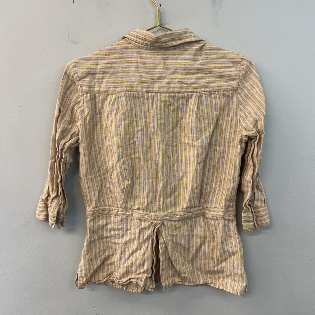 Edward Beige/ Multi 100% Linen Striped Long Sleeve Button Down Top Small