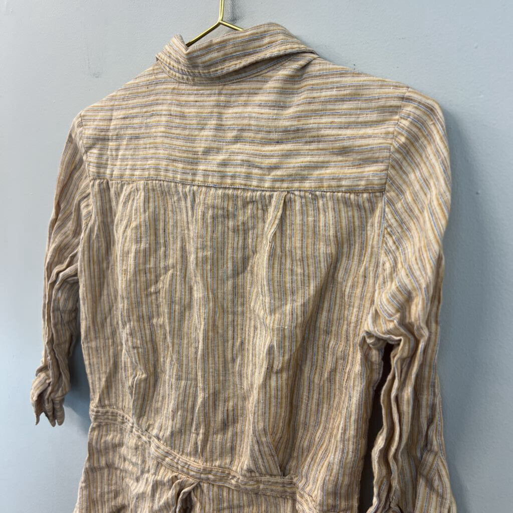Edward Beige/ Multi 100% Linen Striped Long Sleeve Button Down Top Small
