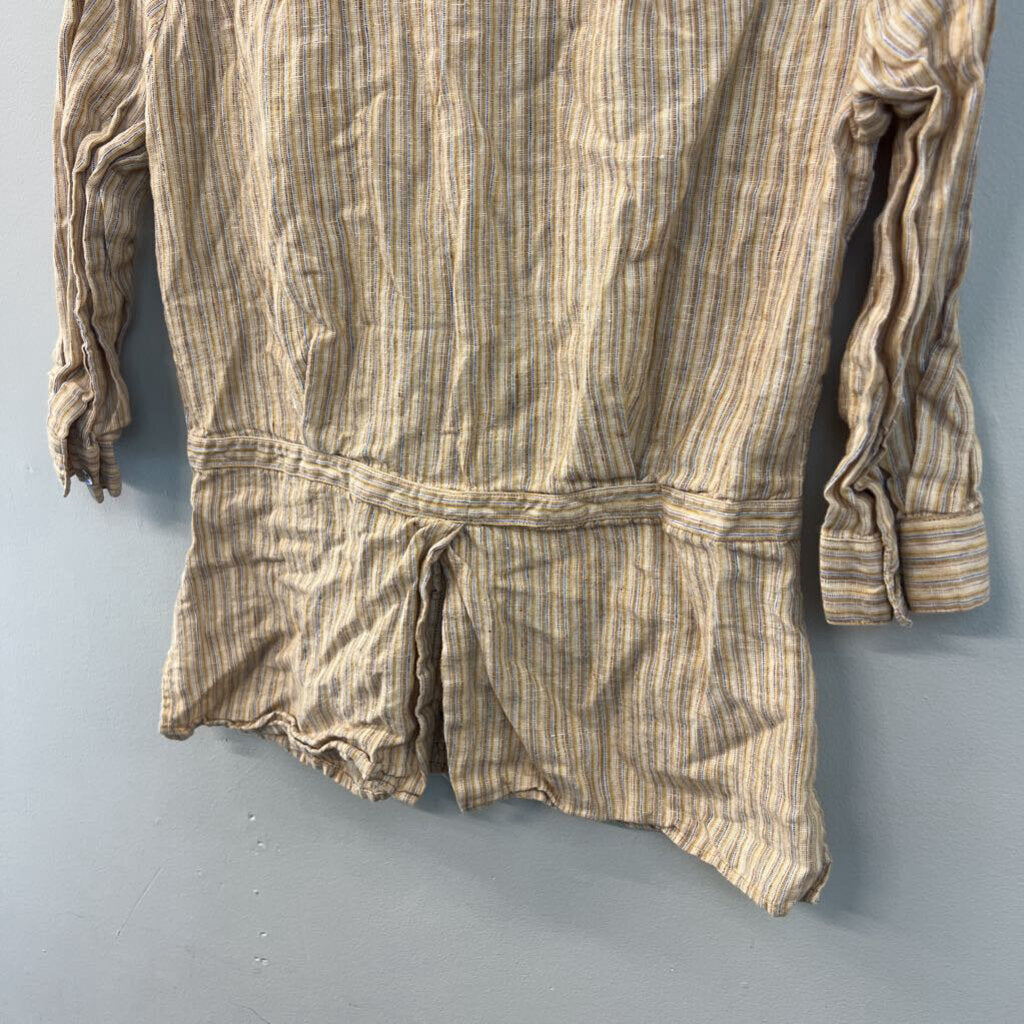 Edward Beige/ Multi 100% Linen Striped Long Sleeve Button Down Top Small