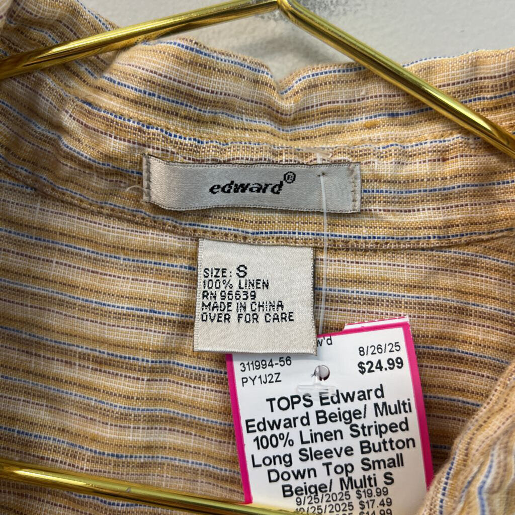 Edward Beige/ Multi 100% Linen Striped Long Sleeve Button Down Top Small