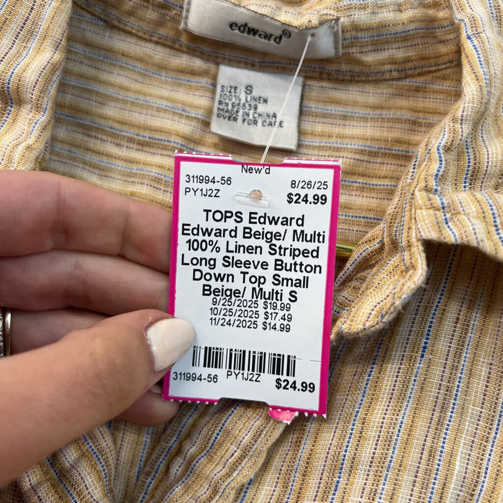 Edward Beige/ Multi 100% Linen Striped Long Sleeve Button Down Top Small