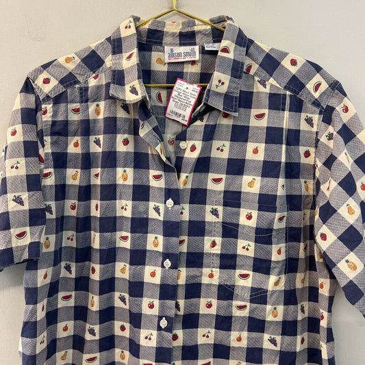 Vintage Allison Smith Blue/ White Checkered Fruit Short Sleeve Button Down Top Extra Large