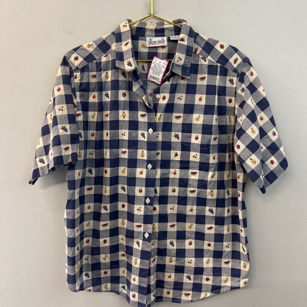 Vintage Allison Smith Blue/ White Checkered Fruit Short Sleeve Button Down Top Extra Large