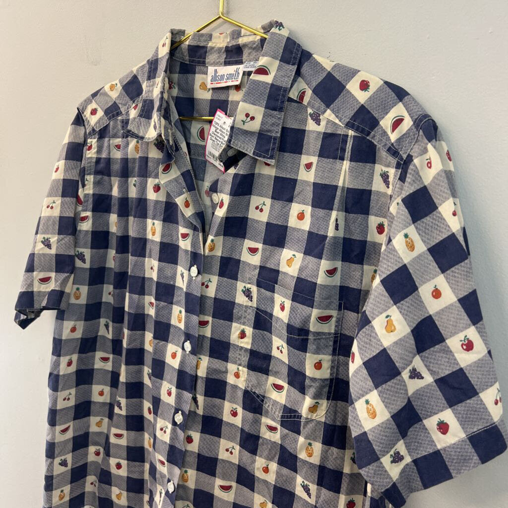 Vintage Allison Smith Blue/ White Checkered Fruit Short Sleeve Button Down Top Extra Large