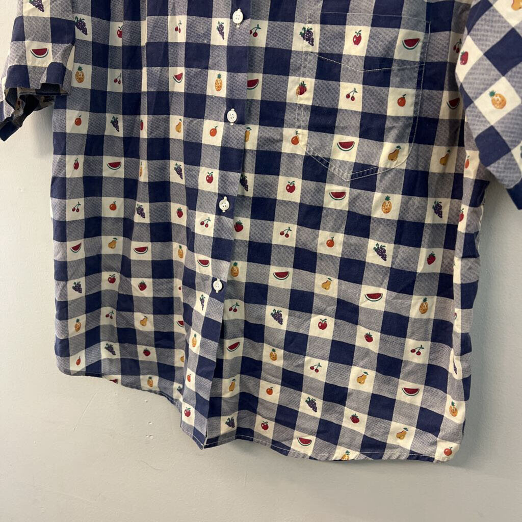 Vintage Allison Smith Blue/ White Checkered Fruit Short Sleeve Button Down Top Extra Large