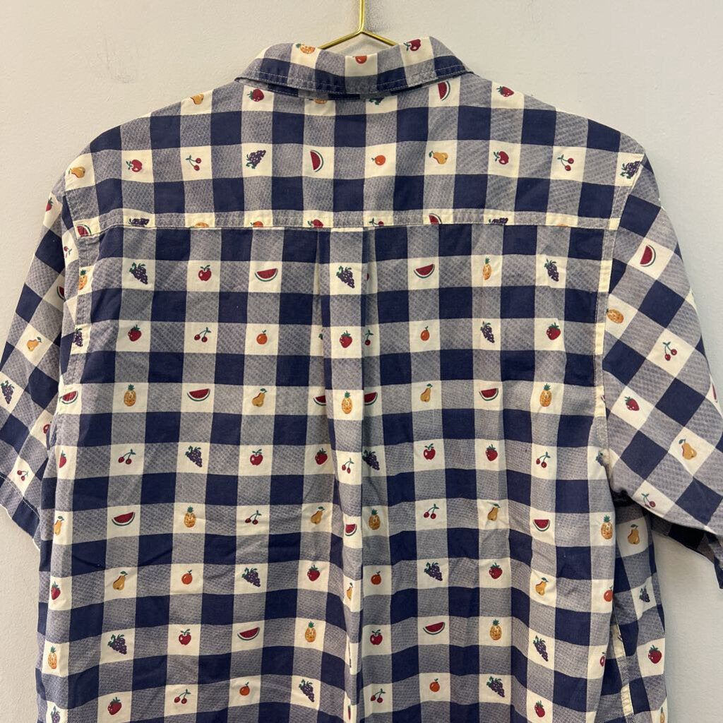 Vintage Allison Smith Blue/ White Checkered Fruit Short Sleeve Button Down Top Extra Large