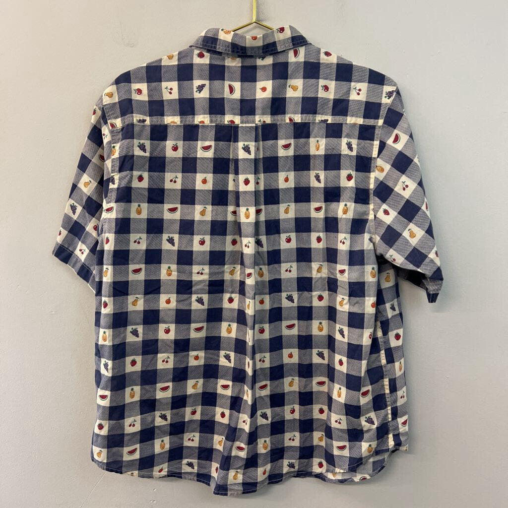 Vintage Allison Smith Blue/ White Checkered Fruit Short Sleeve Button Down Top Extra Large