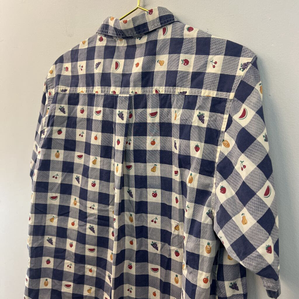 Vintage Allison Smith Blue/ White Checkered Fruit Short Sleeve Button Down Top Extra Large