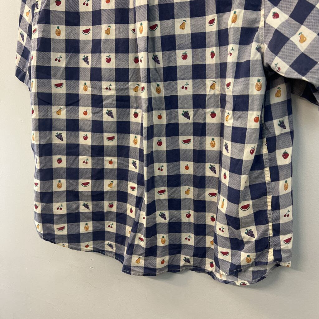 Vintage Allison Smith Blue/ White Checkered Fruit Short Sleeve Button Down Top Extra Large