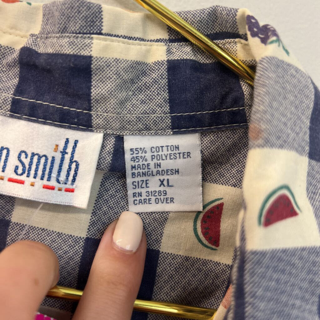 Vintage Allison Smith Blue/ White Checkered Fruit Short Sleeve Button Down Top Extra Large