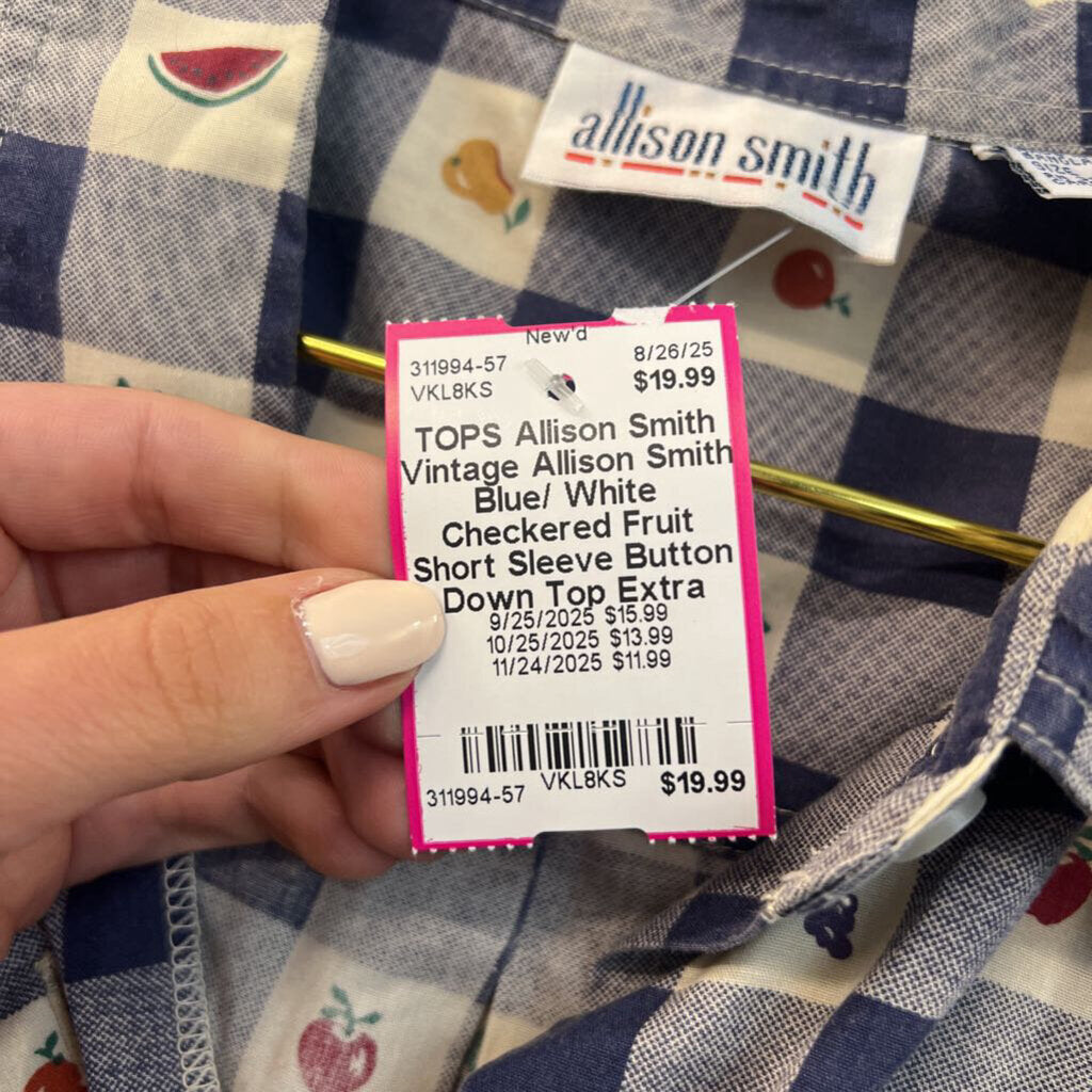 Vintage Allison Smith Blue/ White Checkered Fruit Short Sleeve Button Down Top Extra Large