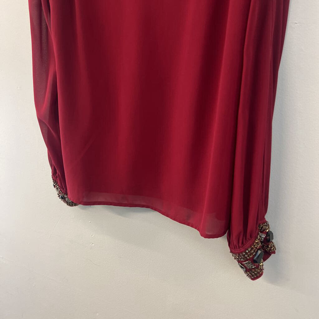 Buttons Burgundy Long Embellished Cuff Sleeve Cold Shoulder Top Medium